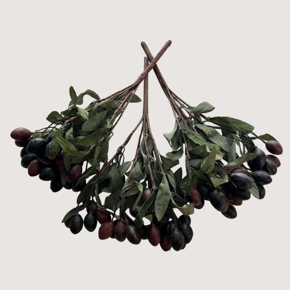 Set of 3 Faux Olive Branch Stems Black Purple Fruit Artificial Greenery 13"